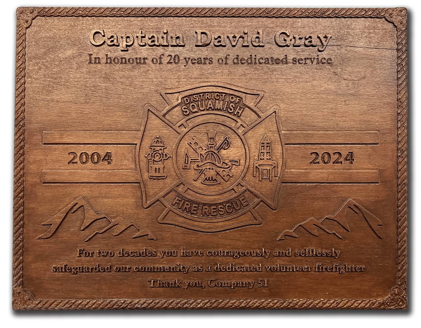 Wooden commemorative plaque honoring long service