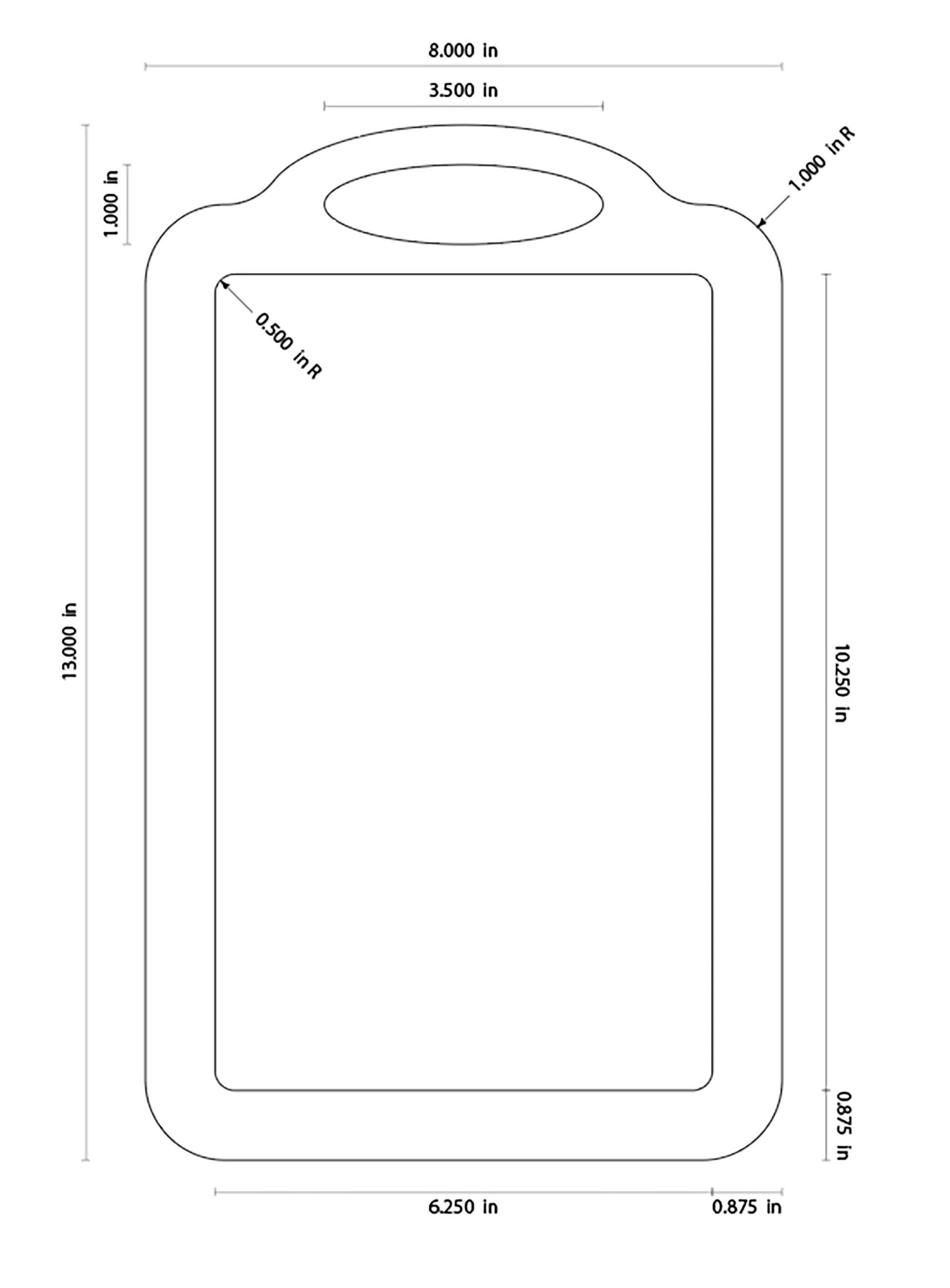 Measurement chart of a rectangular cutting board with dimensions.