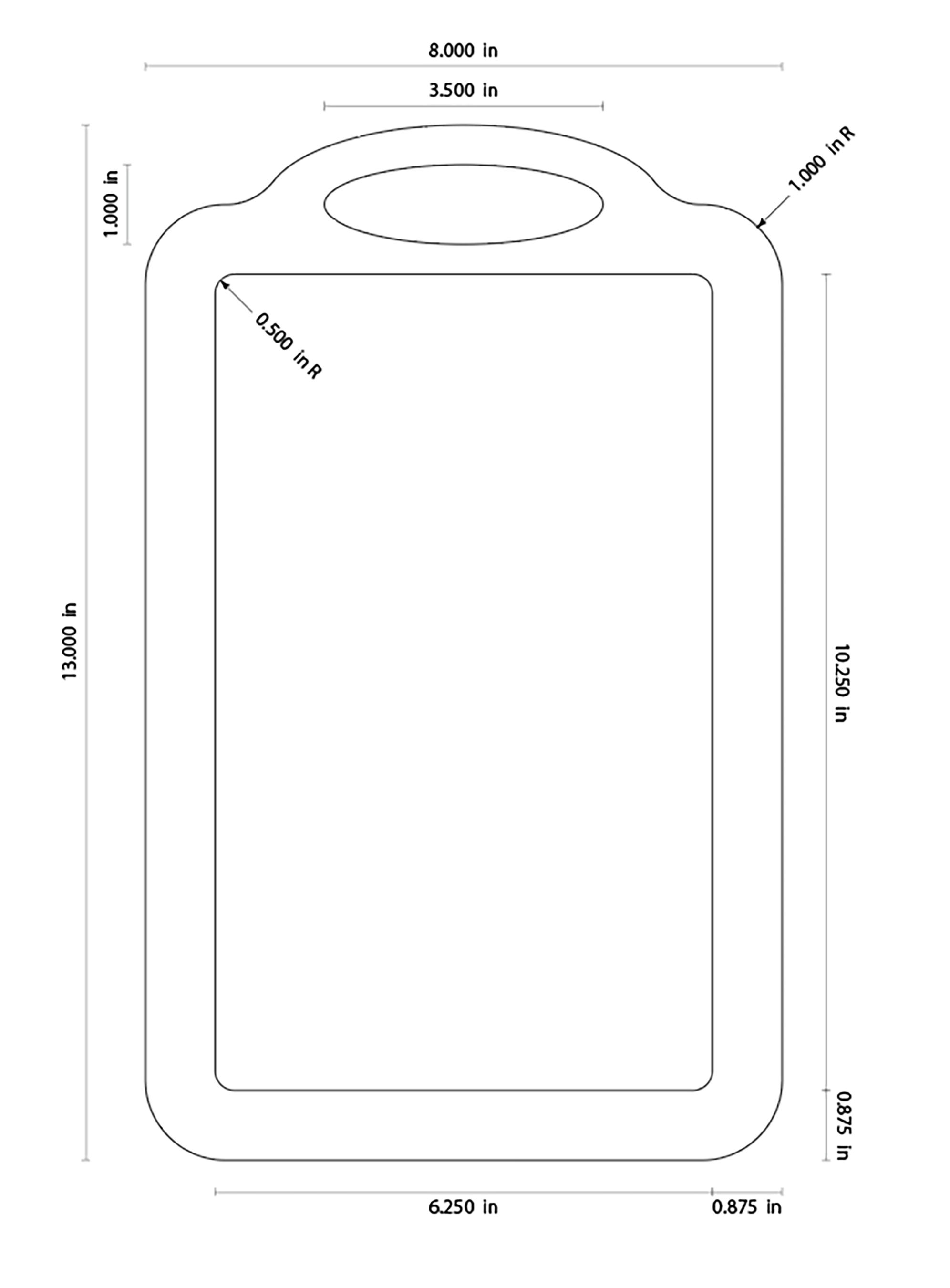 Measurement chart of a rectangular cutting board with dimensions.